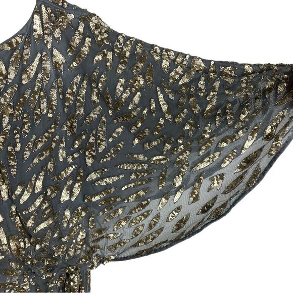 Mac Duggal Dress 20W Gold Blue Embellished Cape Sleeve Cocktail Metallic Sequin - Picture 9 of 11